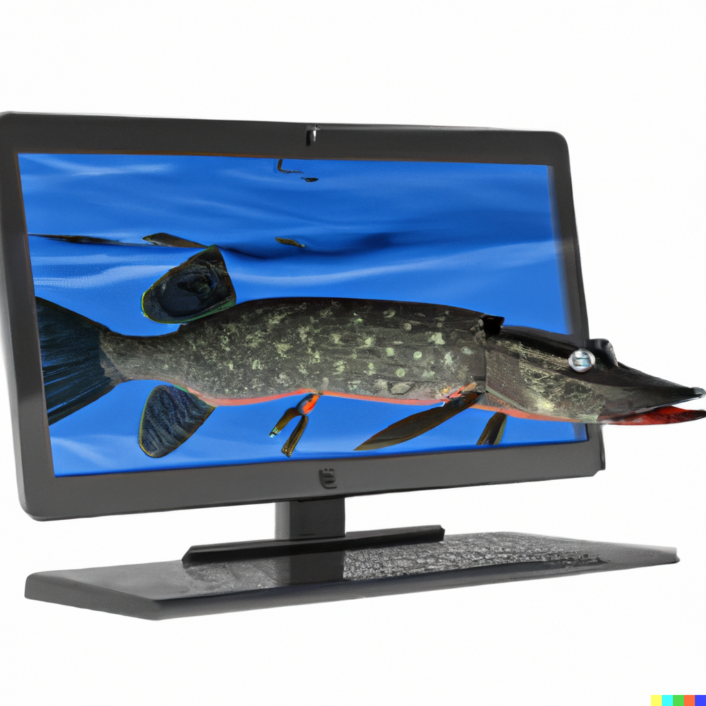 Gädda som simmar ut från en datorskärm